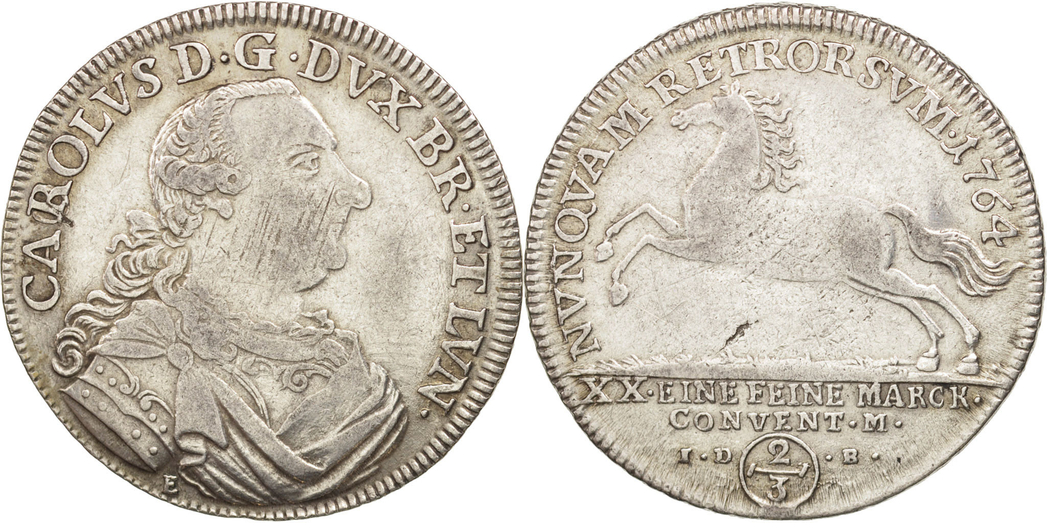 German States, BRUNSWICK-WOLFENBUTTEL, 2/3 Thaler, 1764, E/IDB, KM