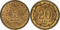 World Coins - Tajikistan, 20 Drams, 2001, St. Petersburg, Brass Clad Steel, , KM:4.2