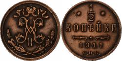 World Coins - Russia, Nicholas II, 1/2 Kopek, 1911, Saint Petersburg, Copper,