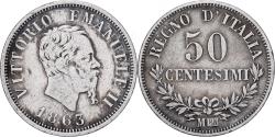 World Coins - Italy, Vittorio Emanuele II, 50 Centesimi, 1863, Milan, Silver,