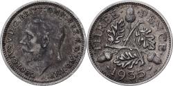 World Coins - Great Britain, George V, 3 Pence, 1935, British Royal Mint, Silver,