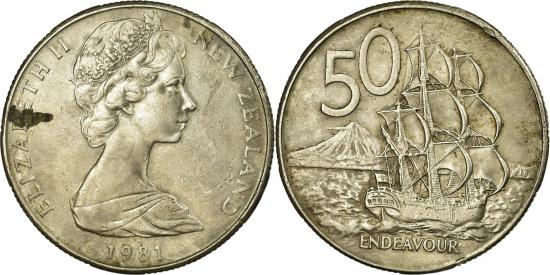 篇額、 Coin, New Zealand, Elizabeth II, 50 Cents, 1981, , Copper-nickel