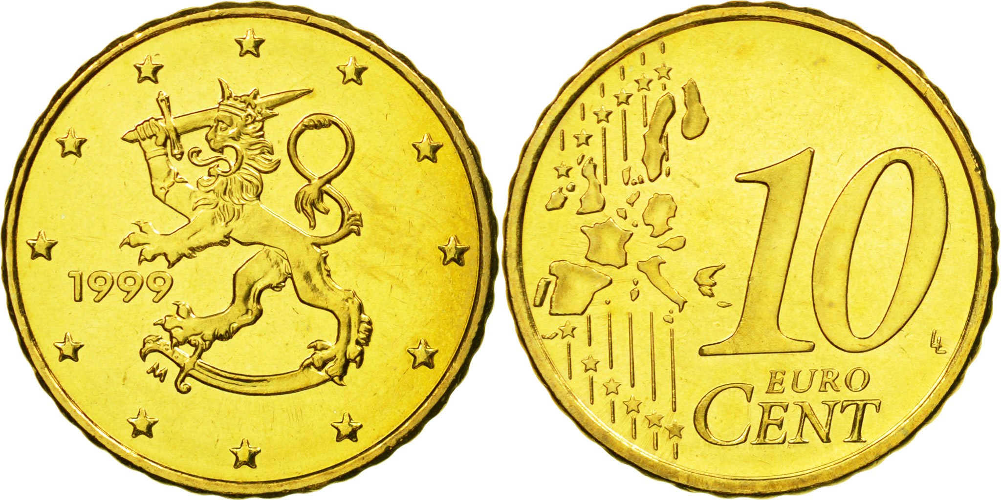 Finland 10 Euro Cent 1999 Brass KM 101 European Coins