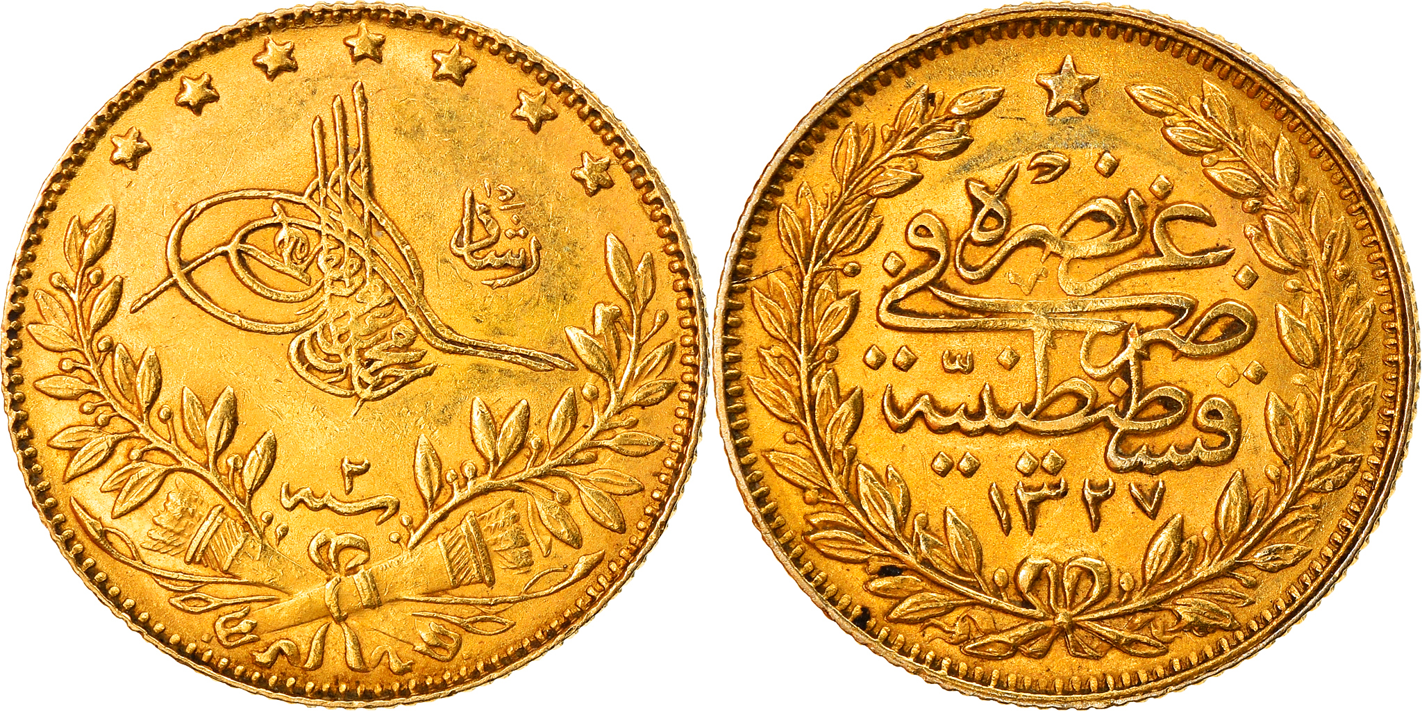 Coin, Turkey, Abdul Hamid II, 50 Kurush, 1327, Qustantiniyah, , Gold Coin, Turkey, Abdul Hamid II, 50 Kurush, 1327, Qustantiniyah, , Gold