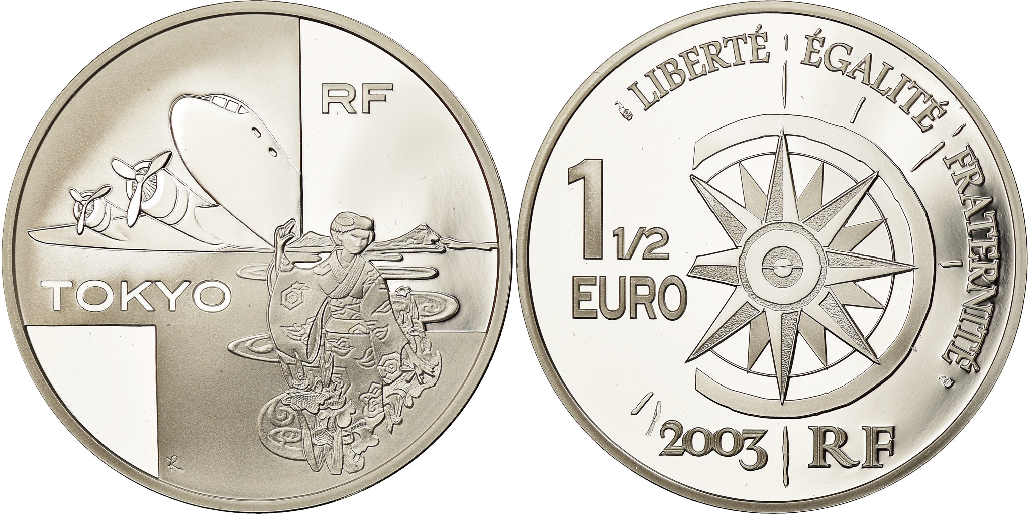 France, Monnaie de Paris, 1,5 Euro, Vol Paris-Tokyo, 2003, , Silver
