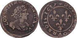 World Coins - France, Louis XIII, Double Tournois, 1637, Axe Loire-Rhône, Copper,