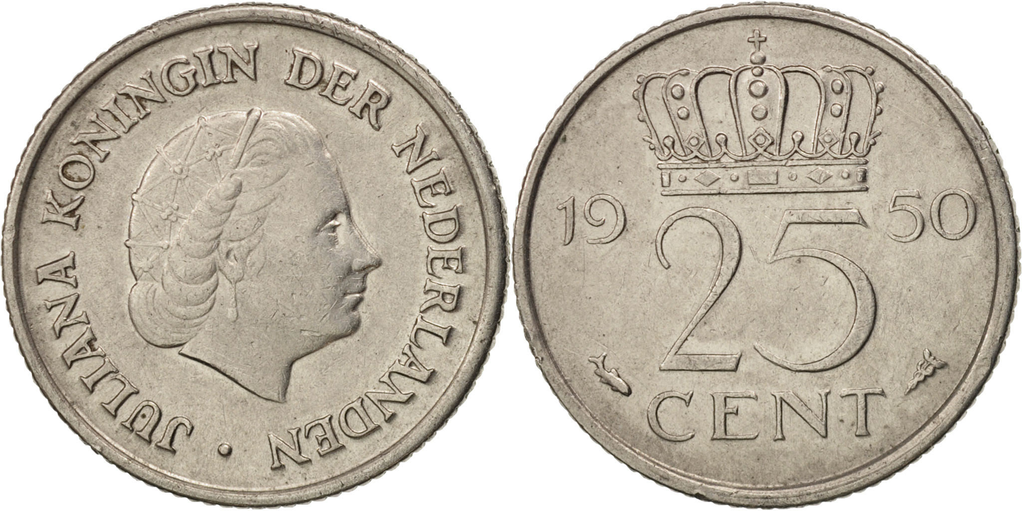 Netherlands, Juliana, 25 Cents, 1950, , Nickel, KM:183 | European