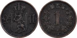 World Coins - Norway, Oscar II, 1 Ore, 1876, Kongsberg, Bronze,