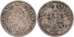 World Coins - France,Napoleon III,20 Centimes,1867,Paris,,Silver,KM 808.1,Gadoury 309