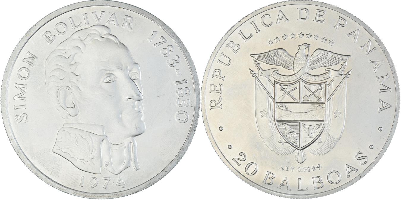 Coin, Panama, 20 Balboas, 1974, U.S. Mint, Simon Bolivar, , Silver ...