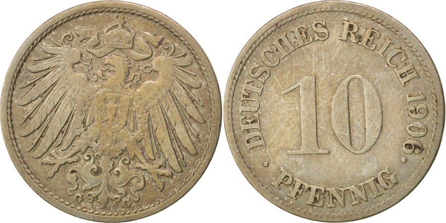 World Coins - GERMANY - EMPIRE, 10 Pfennig, 1906, Karlsruhe, KM #12, ,...