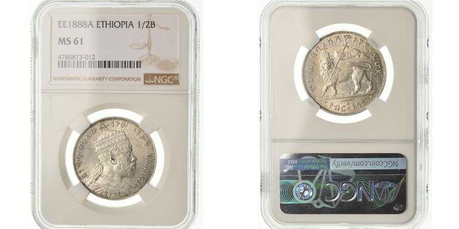 Coin, Ethiopia, Menelik II, 1/2 Birr, 1889 (1897), NGC, MS61