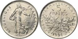 World Coins - France, 5 Francs, Semeuse, 1991, Paris, Nickel Clad Copper-Nickel,