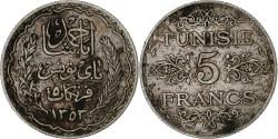 World Coins - Tunisia, Ahmad Pasha Bey, 5 Francs, AH 1353/1934, Paris, Silver,