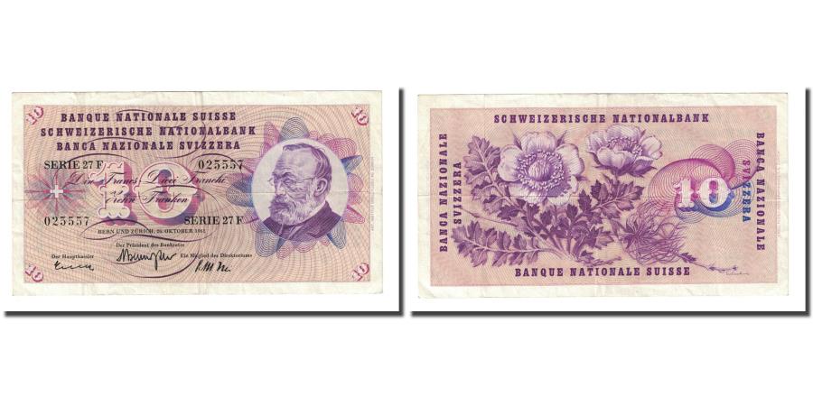 Banknote Switzerland 10 Franken 1961 10 26 Km 45r Vf 30 35
