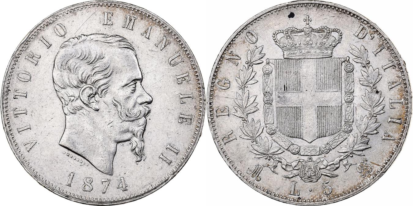 Italy, Vittorio Emanuele II, 5 Lire, 1874, Milan, Silver, , KM:8.3