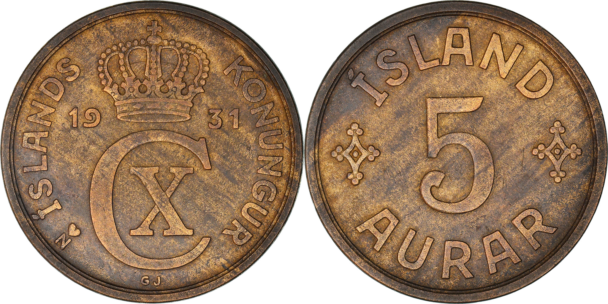 Coin Iceland Christian X 5 Aurar 1931 Copenhagen Bronze