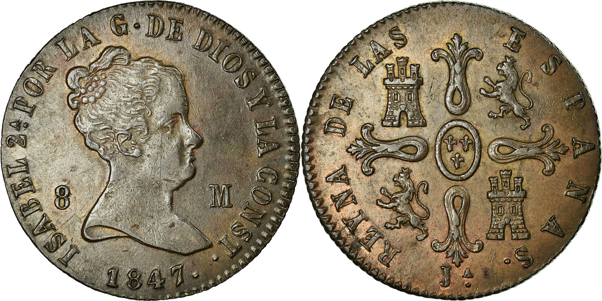 Coin, Spain, Isabel II, 8 Maravedis, 1847, Jubia, , Copper, KM:531.2