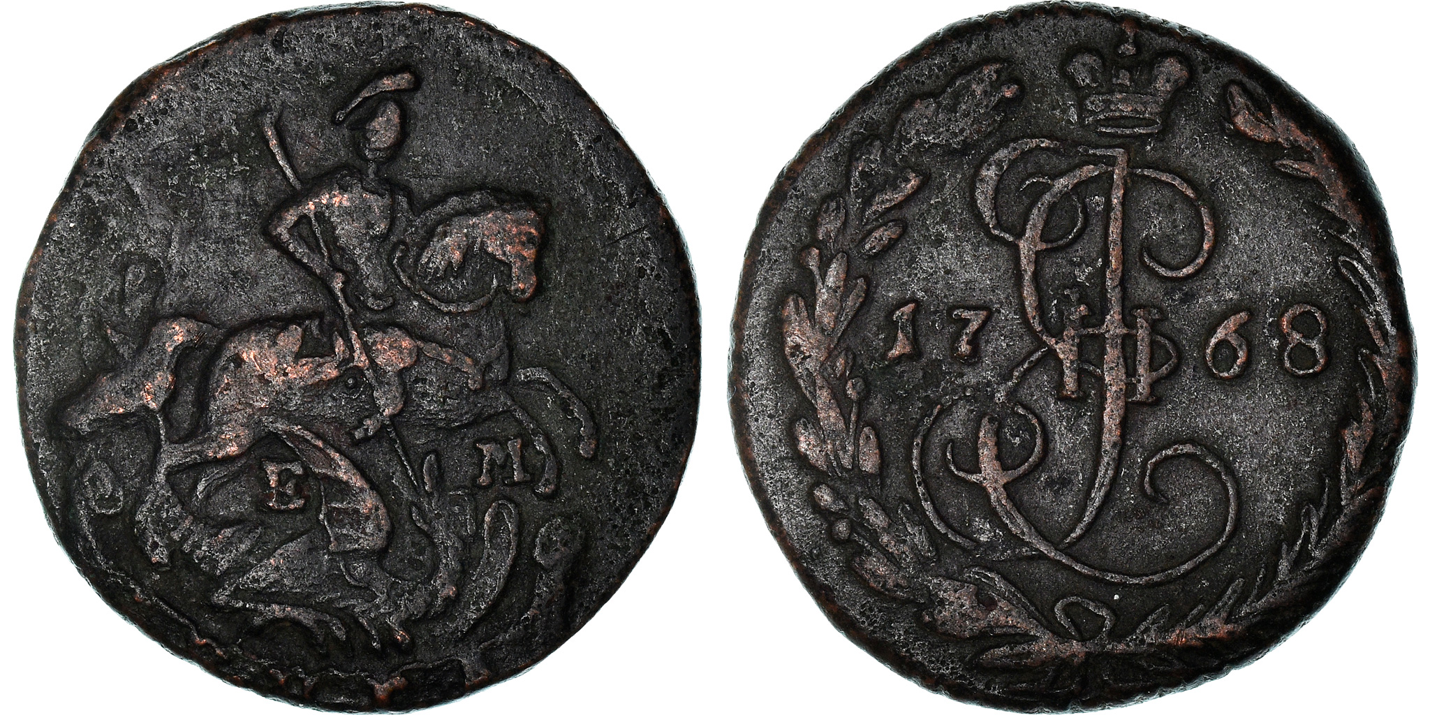 Coin, Russia, Catherine II, Denga, 1/2 Kopek, 1768, Ekaterinbourg,