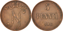World Coins - FINLAND, 5 Pennia, 1908, KM #15, , Copper, 25, 6.38