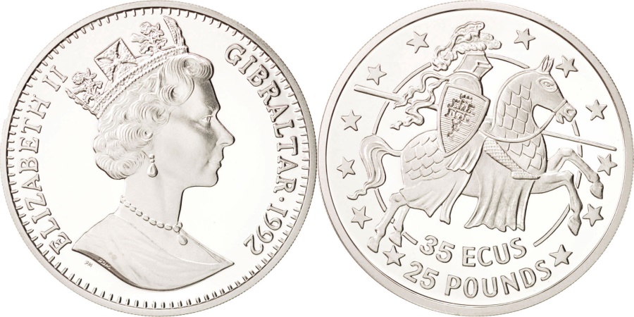 World Coins - GIBRALTAR, 35 Ecus-25 Pounds, 1992, KM #110, , Silver, 28.28