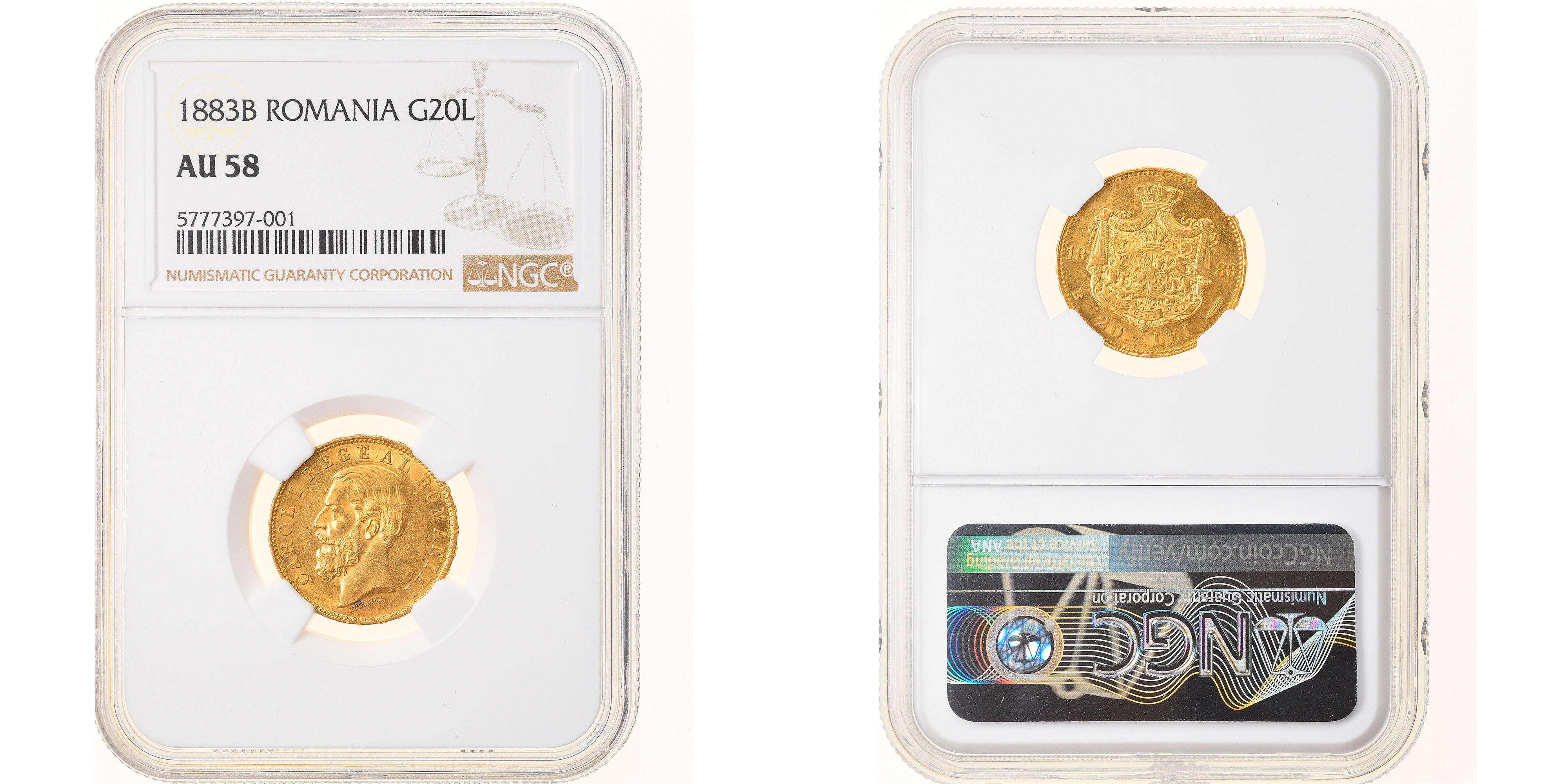 Coin, Romania, Carol I, 20 Lei, 1883, NGC, AU58, , Gold, KM:20, graded