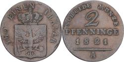 World Coins - Prussia, Friedrich Wilhelm III, 2 Pfenninge, 1821, Berlin, Copper,
