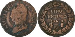 World Coins - France, 5 Centimes, Dupré, AN 8, Strasbourg, Bronze, , Gadoury:126a