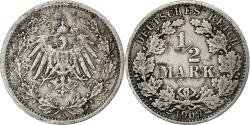 World Coins - GERMANY - EMPIRE, Wilhelm II, 1/2 Mark, 1909, Berlin, Silver, , KM:17