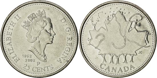 Coin, Canada, Elizabeth II, 25 Cents, 1952-2002, Royal Canadian