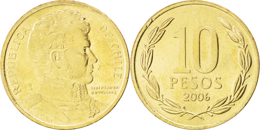 World Coins - CHILE, 10 Pesos, 2006, Santiago, KM #228.2, , Aluminum-Bronze, 21, 3.49