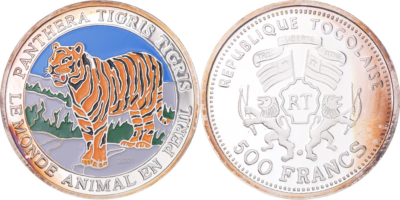 Coin, Togo, Série des espèces menacées - Tigre, 500 Francs, 2001,