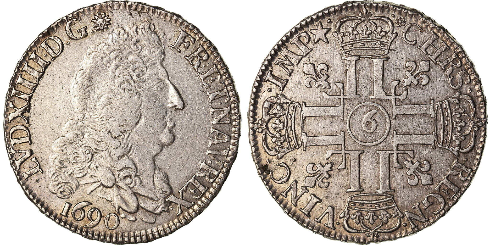 France, Louis XIV, 1/2 Écu aux 8 L, 1690, Rennes, Silver