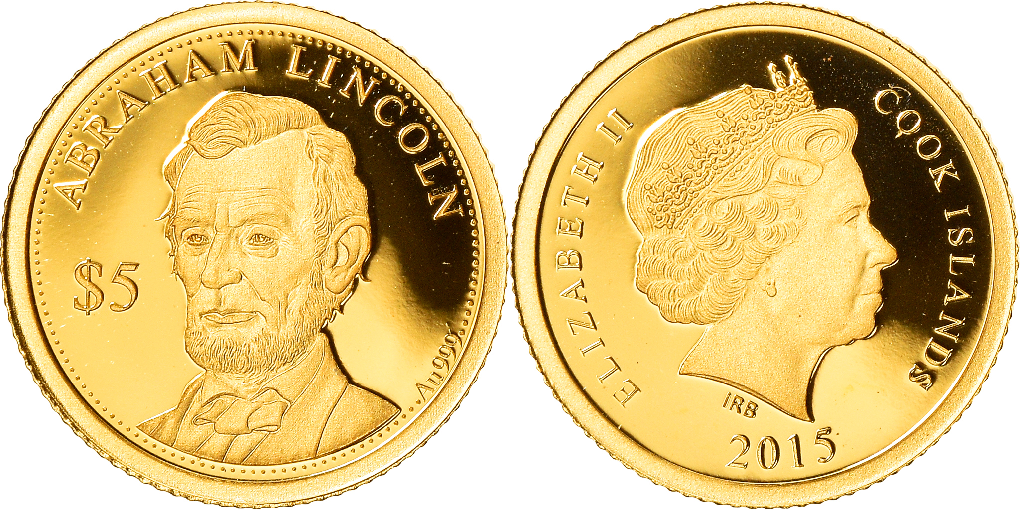 Coin, Cook Islands, Elizabeth II, Abraham Lincoln, 5 Dollars, 2015