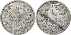 World Coins - GERMANY - EMPIRE, 1/2 Mark, 1915, Stuttgart, Silver, , KM:17