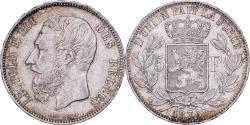 World Coins - Belgium, Leopold II, 5 Francs, 1873, Brussels, Small head, Silver,