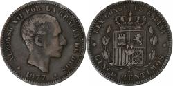 World Coins - Spain, Alfonso XII, 5 Centimos, 1877, Barcelona, Bronze,