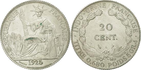 Coin, FRENCH INDO-CHINA, 20 Cents, 1925, Paris, , Silver, KM:17.1