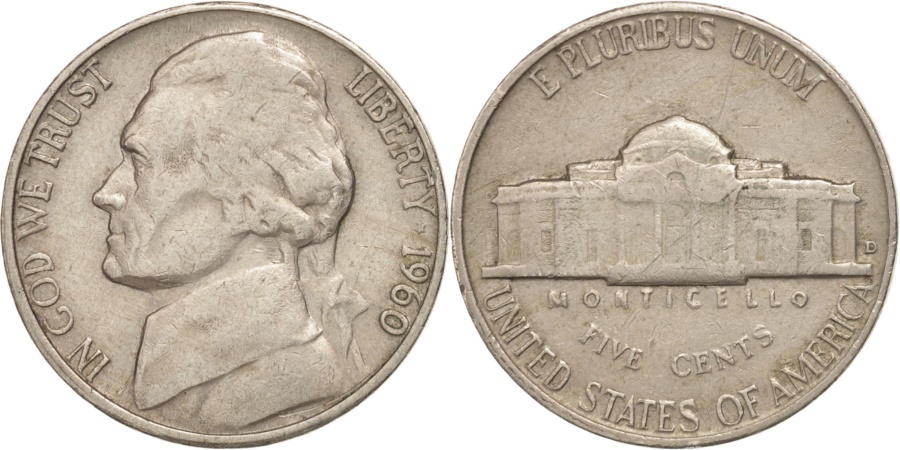 UNITED STATES, Jefferson Nickel, 5 Cents, 1960, U.S. Mint, KM