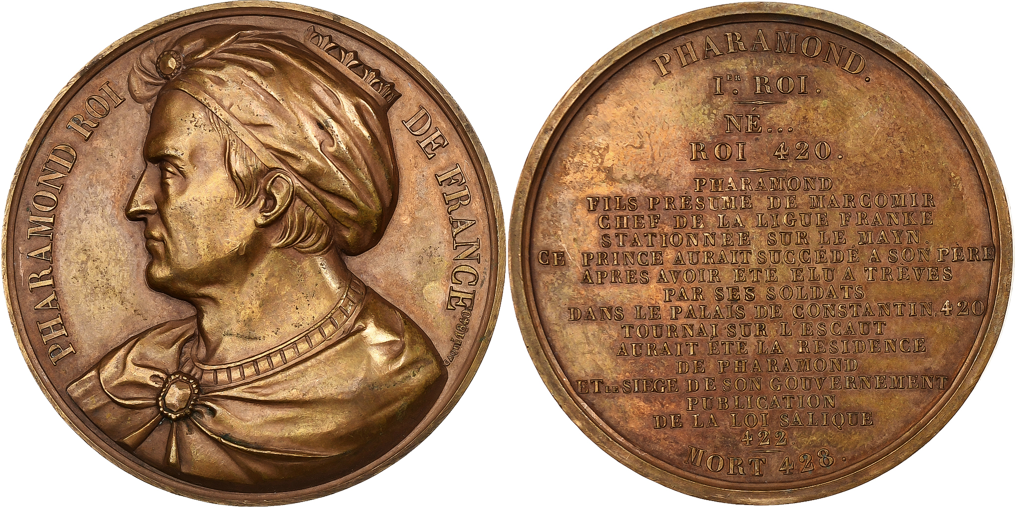 1840 Essai France Décime ブロンズ MS 64 BN France, Medal, Les rois de France, Pharamond, 1840, Bronze, Caqué,
