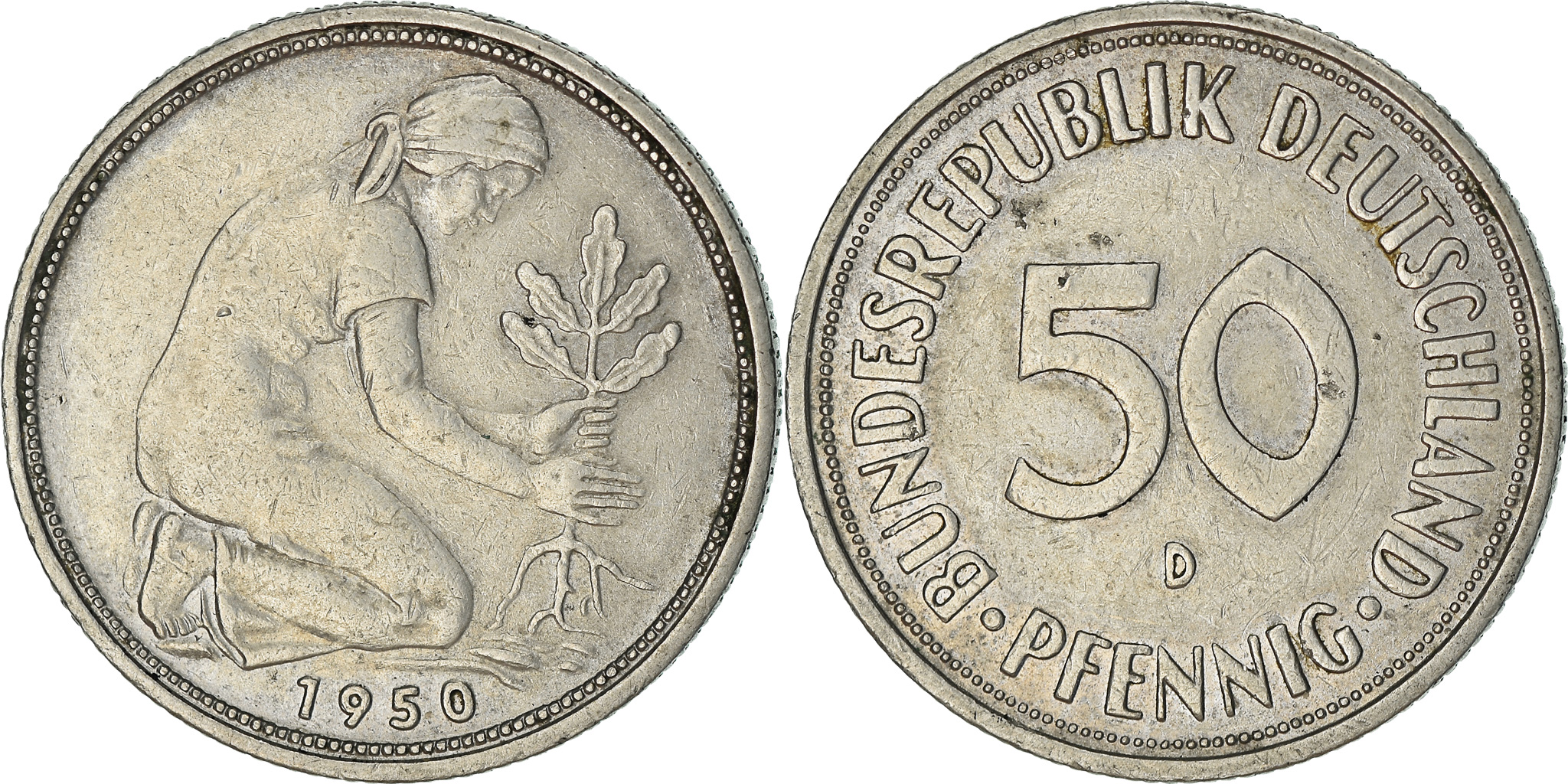 10 Pfennig 1950 D Germany Coin Bundesrepublik Deutchland Oak