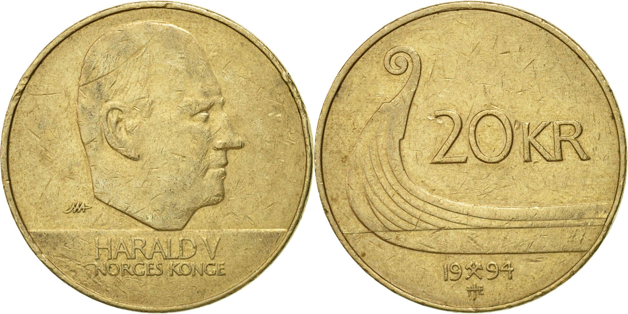 Coin, Norway, Harald V, 20 Kroner, 1994, , Nickel-brass, KM:453