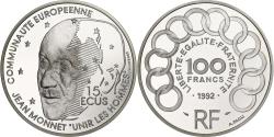 World Coins - France, 100 Francs-15 Ecus, Jean Monnet, 1992, Paris, BE, Silver,