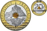 World Coins - France, Mont Saint Michel, 20 Francs, 2001, Paris, Série BE,
