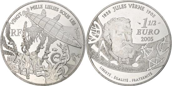 France, 1 1/2 Euro, Jules Verne, 2005, Monnaie de Paris, BE, , Silver