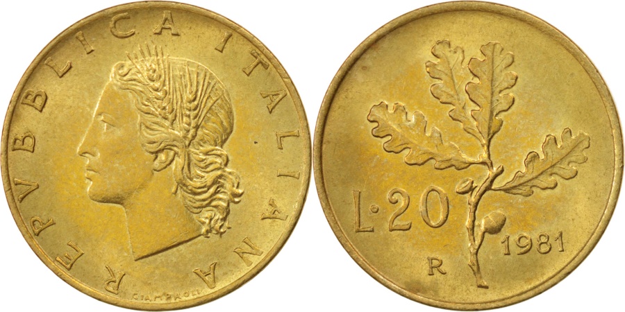 ITALY, 20 Lire, 1981, Rome, KM #97.2, , Aluminum-Bronze, 21.25, 3.60