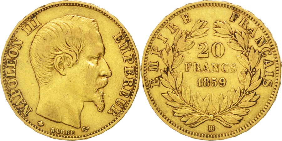 FRANCE, Napoléon III, 20 Francs, 1859, Strasbourg, KM #781.2, , Gold, G