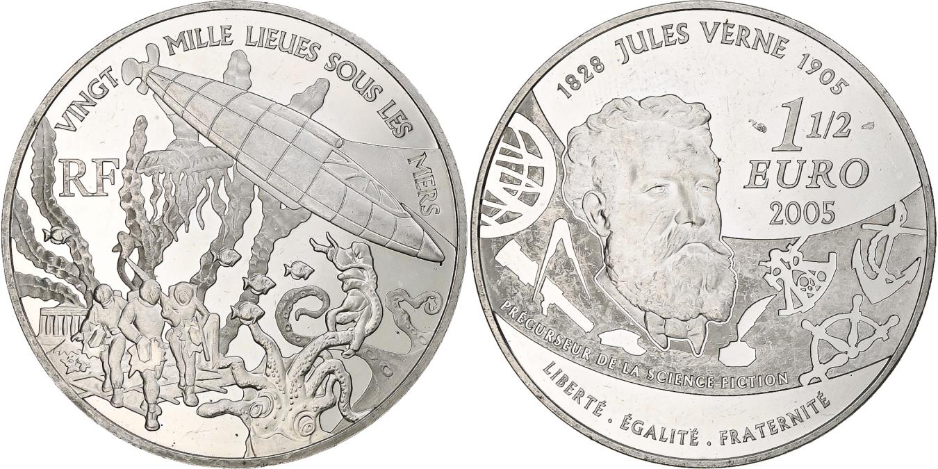 France, 1 1/2 Euro, Jules Verne, 2005, Monnaie de Paris, BE, , Silver