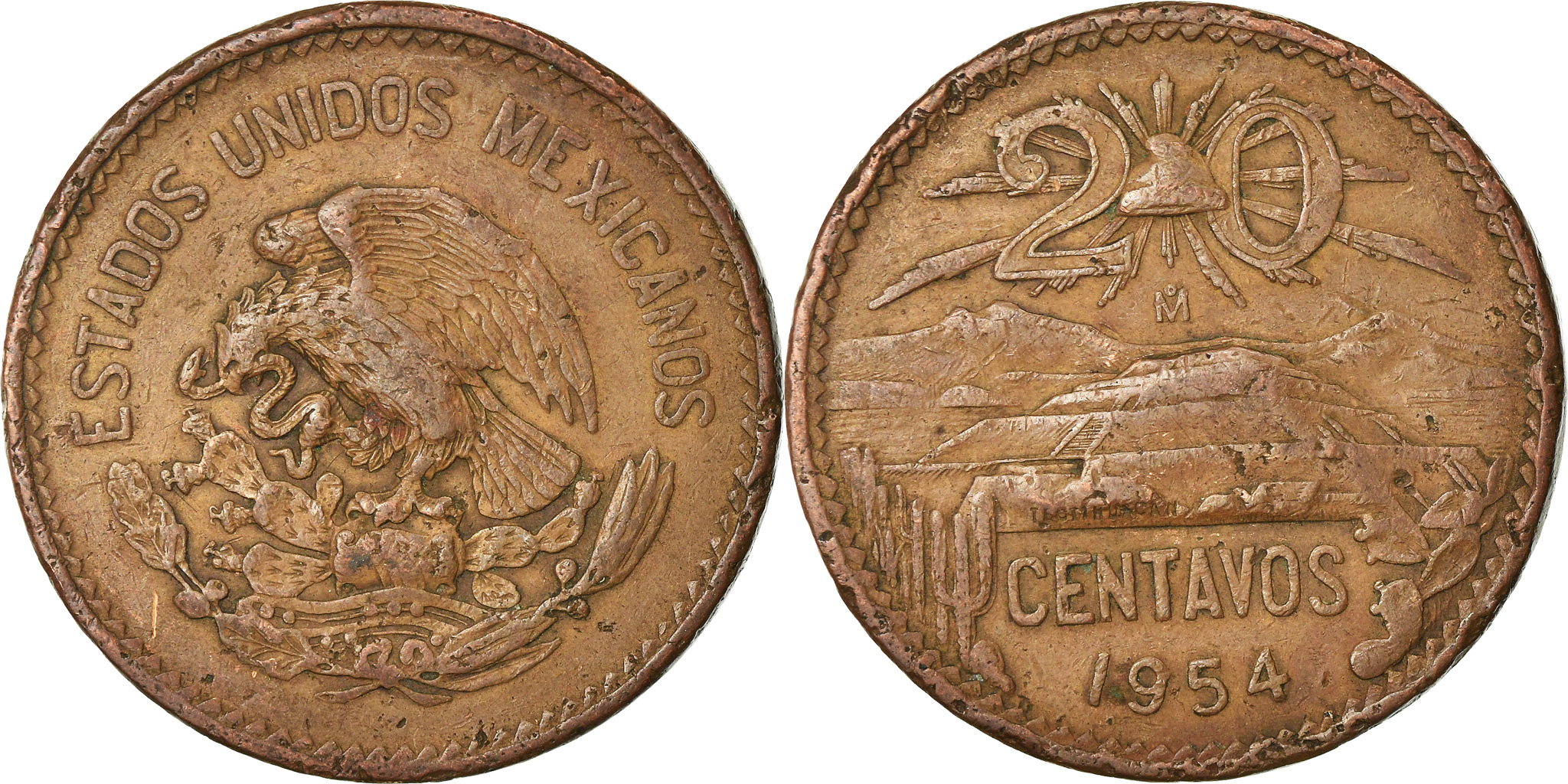 Coin Mexico 20 Centavos 1954 Mexico City Bronze KM 439