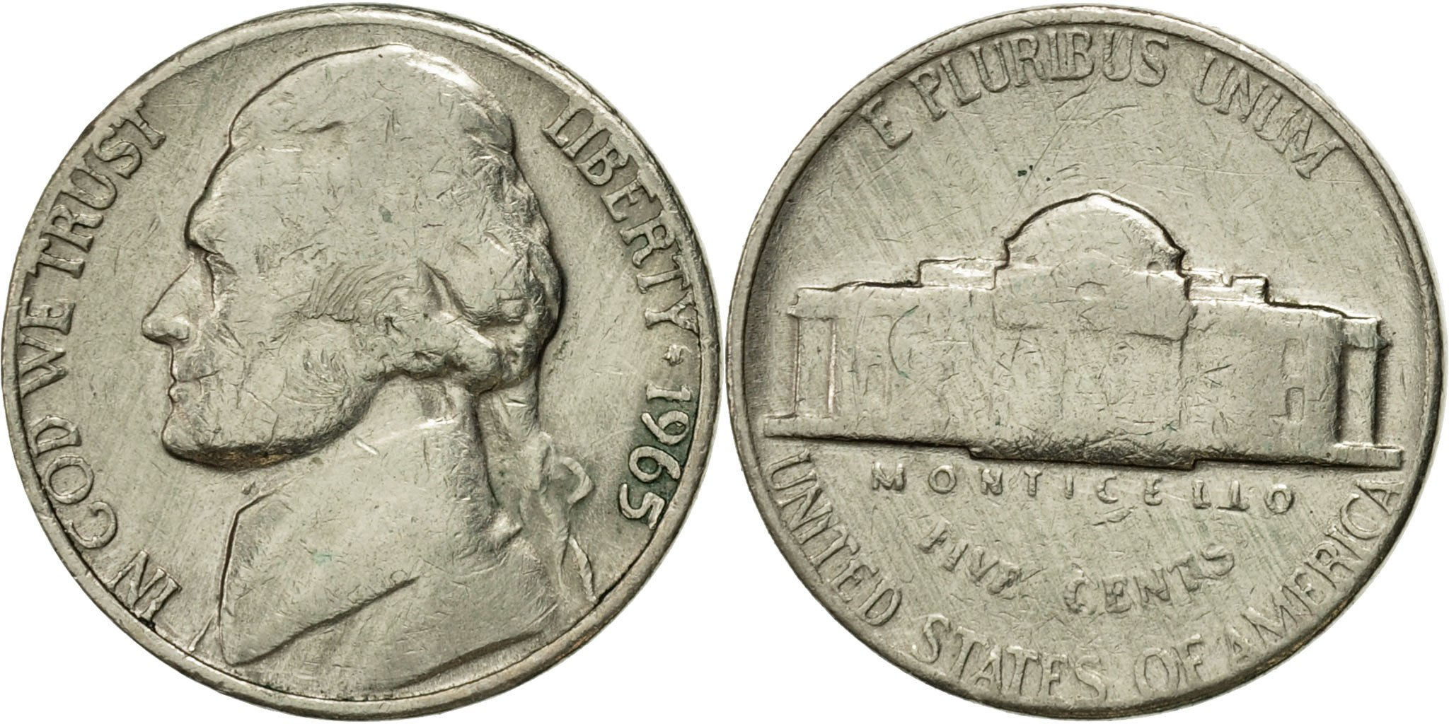 1965年 アメリカ合衆国 5セントコイン Coin, United States, Jefferson Nickel, 5 Cents, 1965, U.S. Mint,